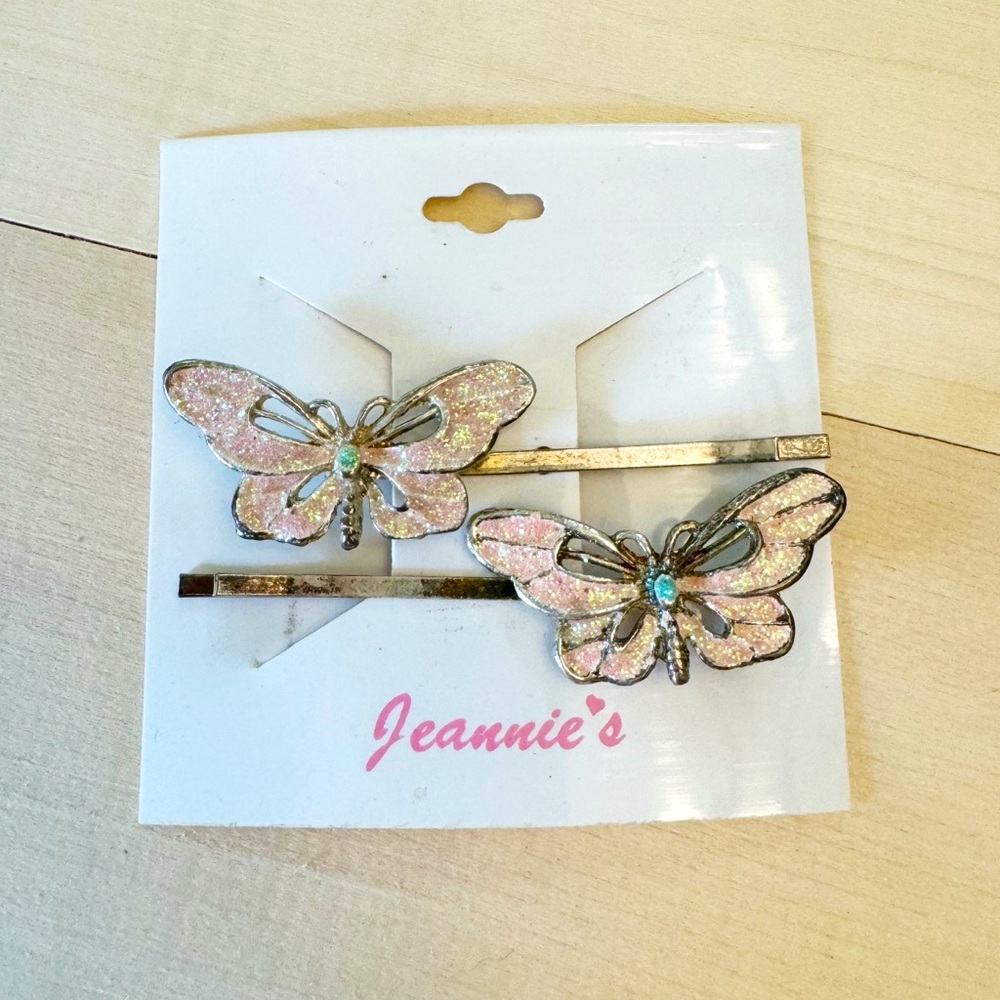 Set of Two Jeannie’s Silver Tone Pink Glitter Butterfly Bobby Pins Vintage